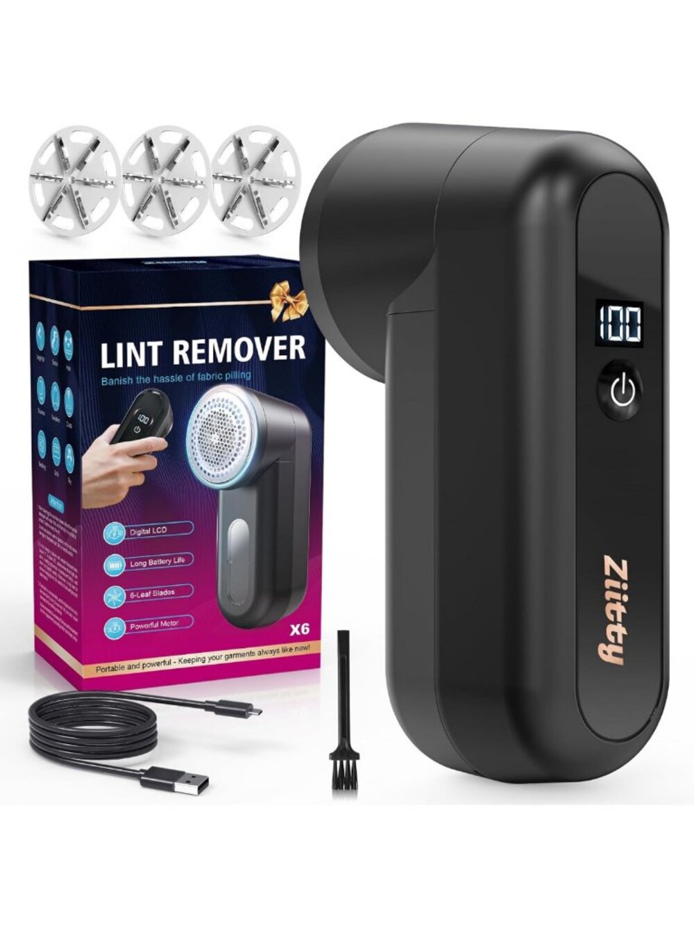 Rechargeable Fabric Shaver & Lint Remover with LCD Display, 6-Blade Sweater